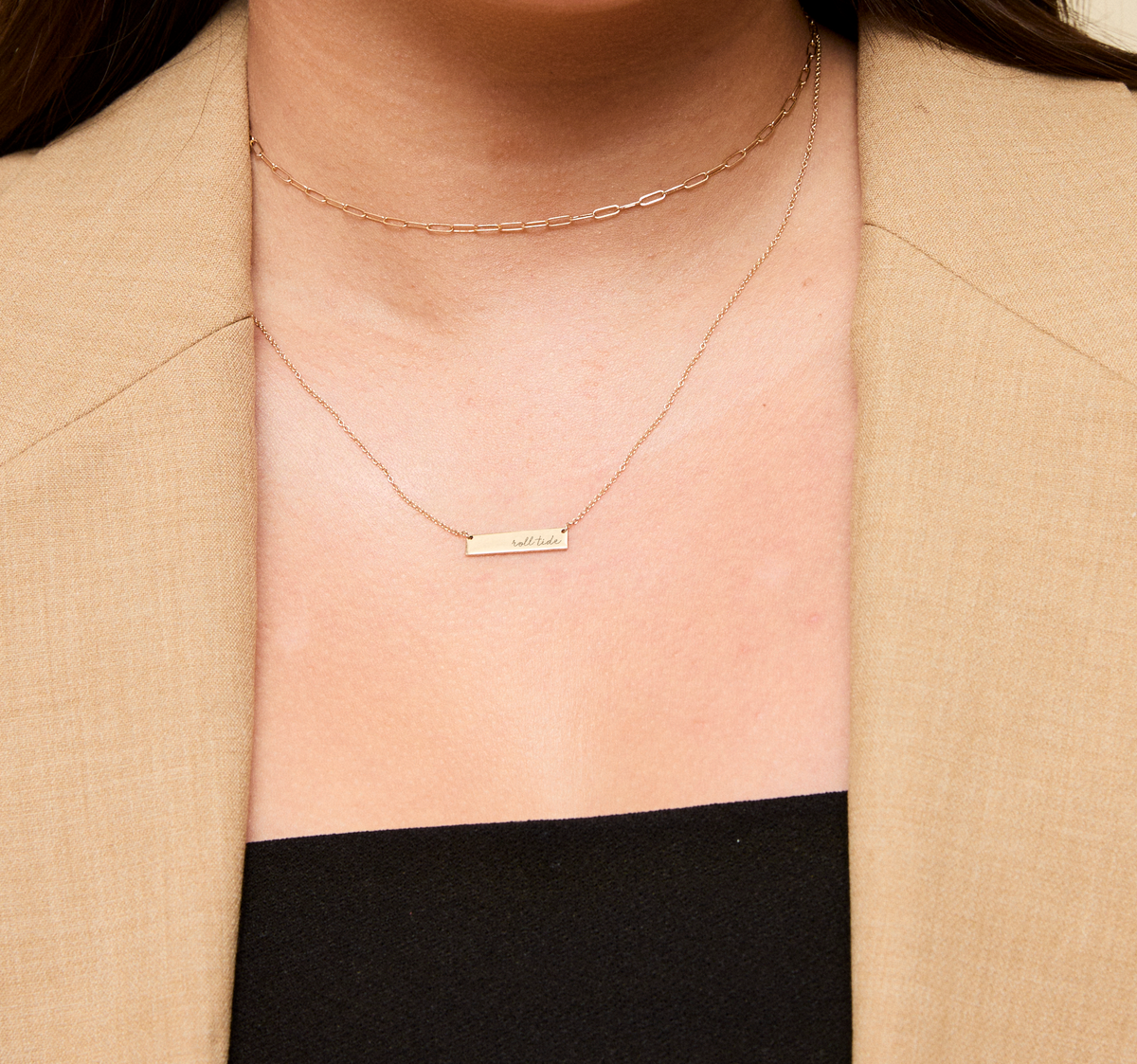 Alabama Roll Tide Horizontal Bar Necklace shown on figure in gold