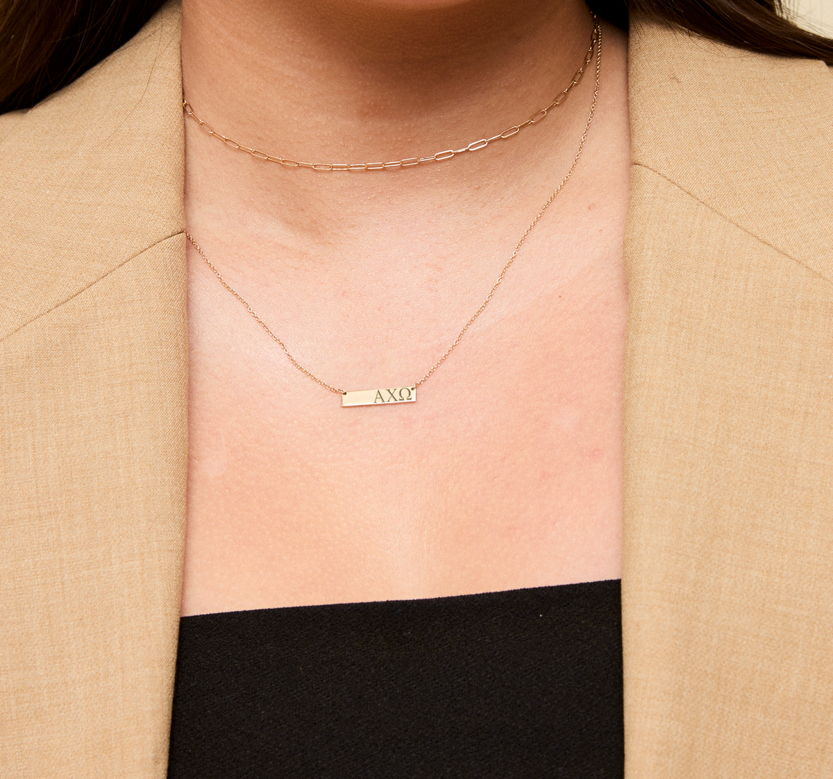 Alpha Chi Omega Horizontal Bar Necklace shown on figure in gold