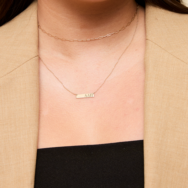 Alpha Delta Pi Horizontal Bar Necklace shown on figure in gold