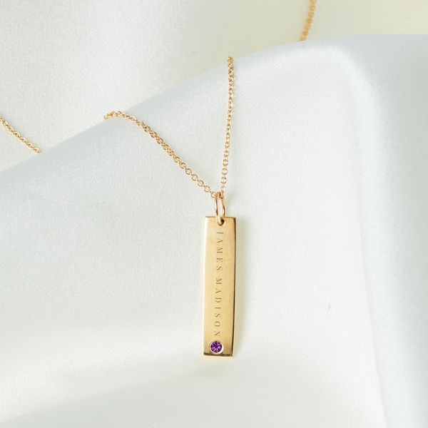 JMU Amethyst Gemstone Bar laydown shown in gold on cable chain