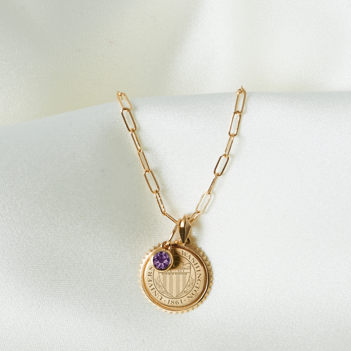 Washington University Sunburst Necklace Bundle with Amethyst Gemstone shown in gold