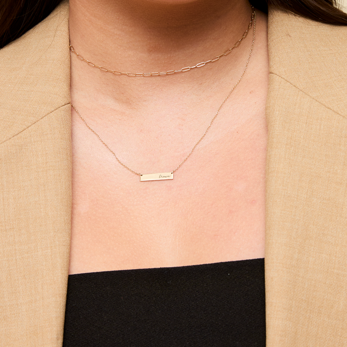 Brown Horizontal Bar Necklace shown on figure in gold with Link Chain Choker