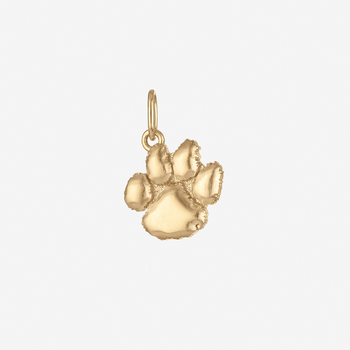 Gold paw print charm on a white background