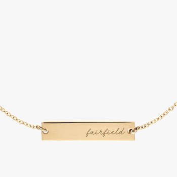 Fairfield University Horizontal Necklace Cavan Gold Close Up