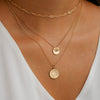 Colorado CU Organic Necklace shown on figure in gold with Colorado Sunburst Necklace on Cable Chain and Link Chain Choker