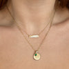 Dartmouth Horizontal Bar Necklace shown on figure in gold with Dartmouth Sunburst Bundle on Link Chain Necklace
