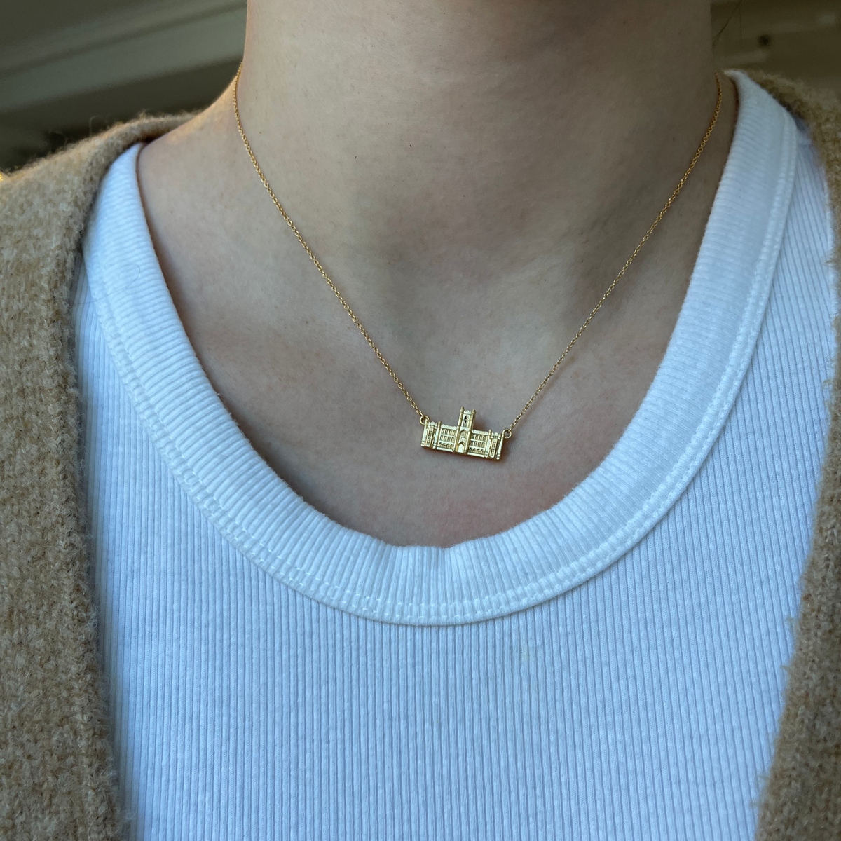 Fordham Keating Hall Necklace shown on figure in gold