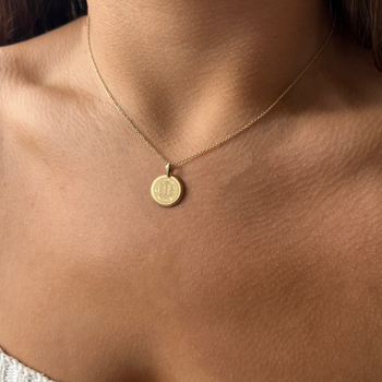 UCLA Florentine Petite Necklace shown on figure in gold