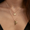 Washington University Florentine Petite Necklace Pendant shown on figure in gold