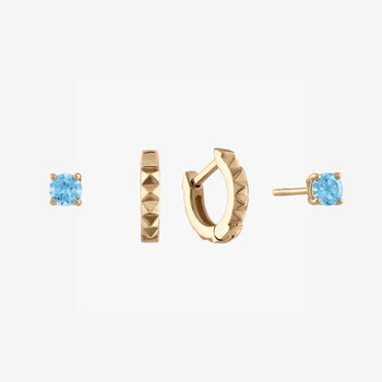 Blue Topaz Studs 3MM Sunburst Hoop Earring Gold