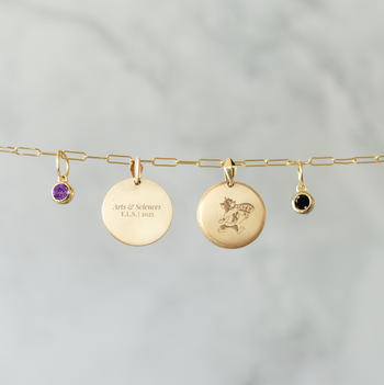 Kansas State Florentine Petite shown in gold on Link Chain with Amethyst and Black Onyx Gemstone Charms and back engraving message