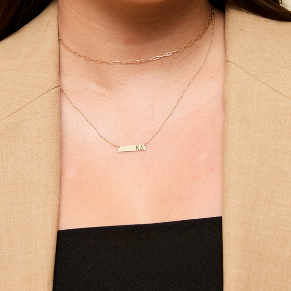 Kappa Delta Horizontal Bar Necklace shown on figure in gold