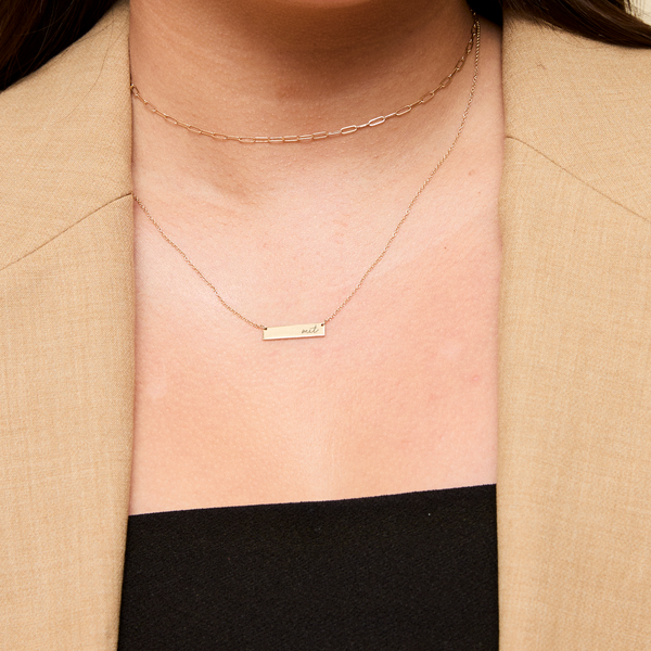 MIT Horizontal Bar Necklace shown on figure in gold with Link Chain Choker