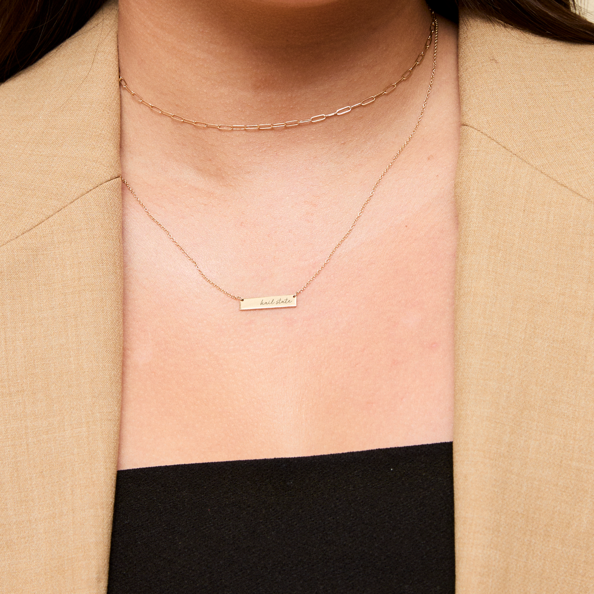Mississippi State Horizontal Bar Necklace shown on figure in gold with Link Chain Choker