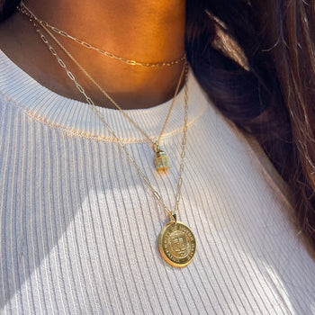 Notre Dame Florentine Necklace shown on figure in gold on Link Chain with Golden Dome Pendant and Link Chain Choker