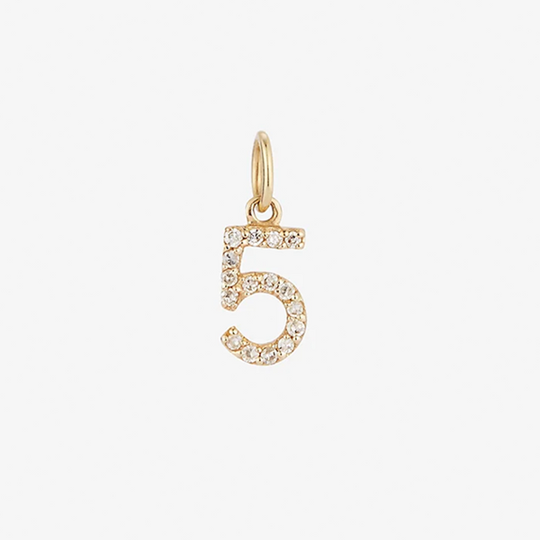 A gold-tone necklace charm with a diamond-encrusted number 5 pendant.