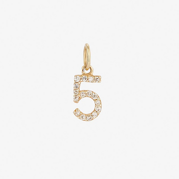 A gold-tone necklace charm with a diamond-encrusted number 5 pendant.