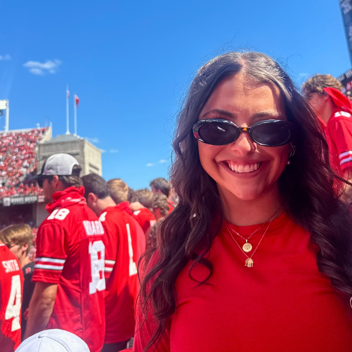 Ohio State Seal Sunburst Pendant shown on figure in gold on Link Chain with Ohio State Rotunda Pendant on Cable Chain