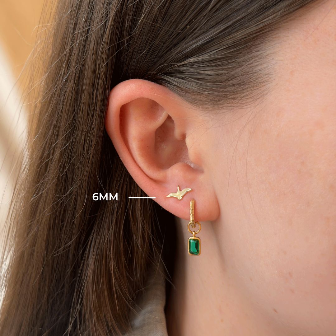 Oregon Flying Duck Stud 6mm shown on figure in gold with Emerald Florentine Earring Bundle