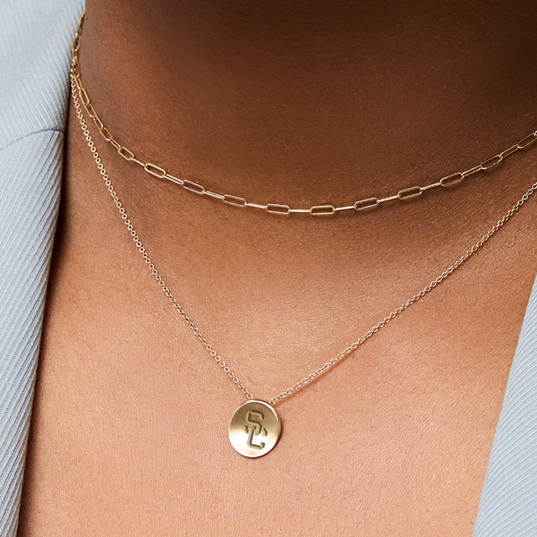 USC SC Organic Petite Necklace shown on figure in gold