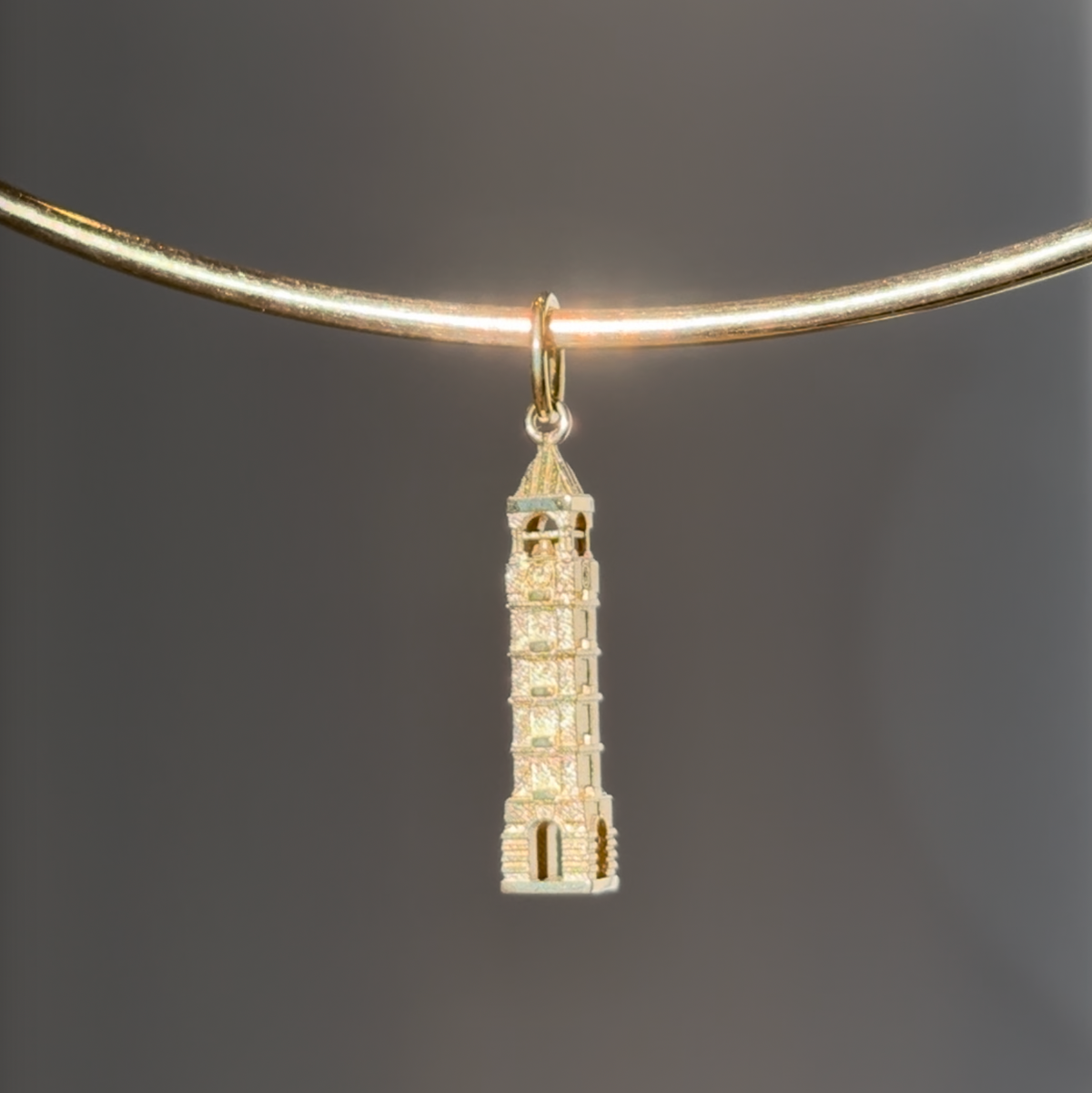 Purdue Bell Tower Pendant shown on Neck Collar in gold