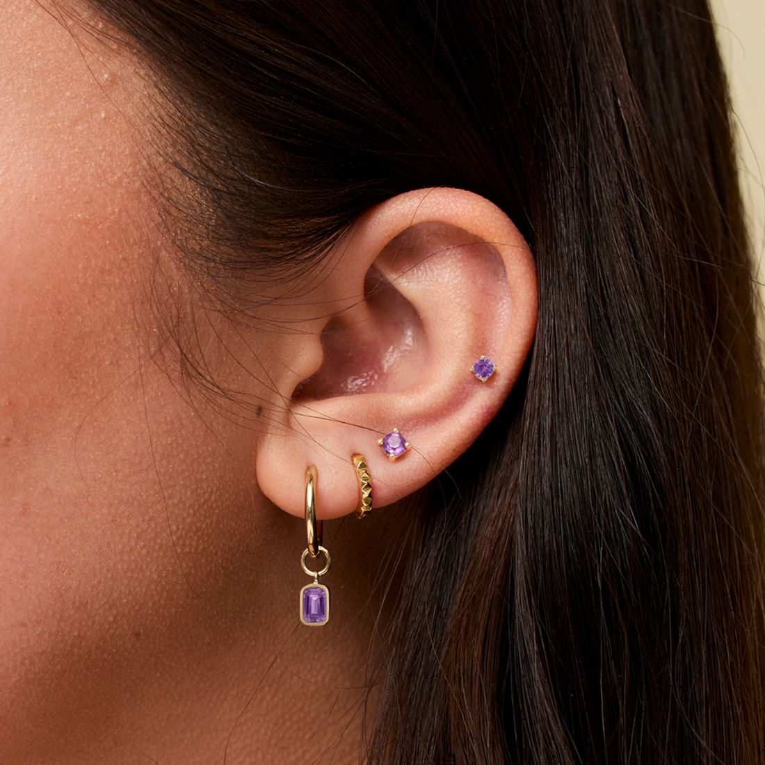 Sunburst Earring Bundle with Amethyst Gemstone shown on figure in gold