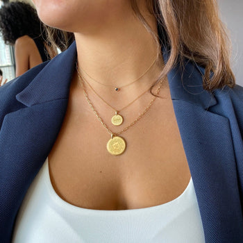 Michigan Florentine Petite Pendant shown on figure in gold on Cable Chain