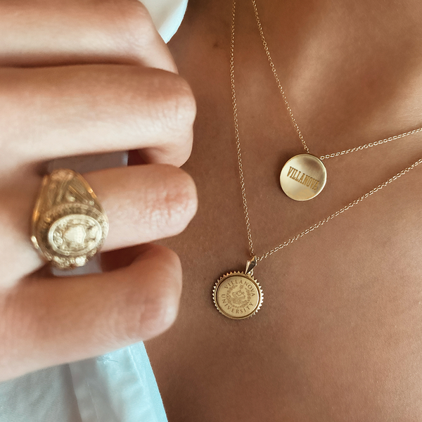 Villanova Sunburst Necklace shown on figure in gold with Villanova Organic Necklace