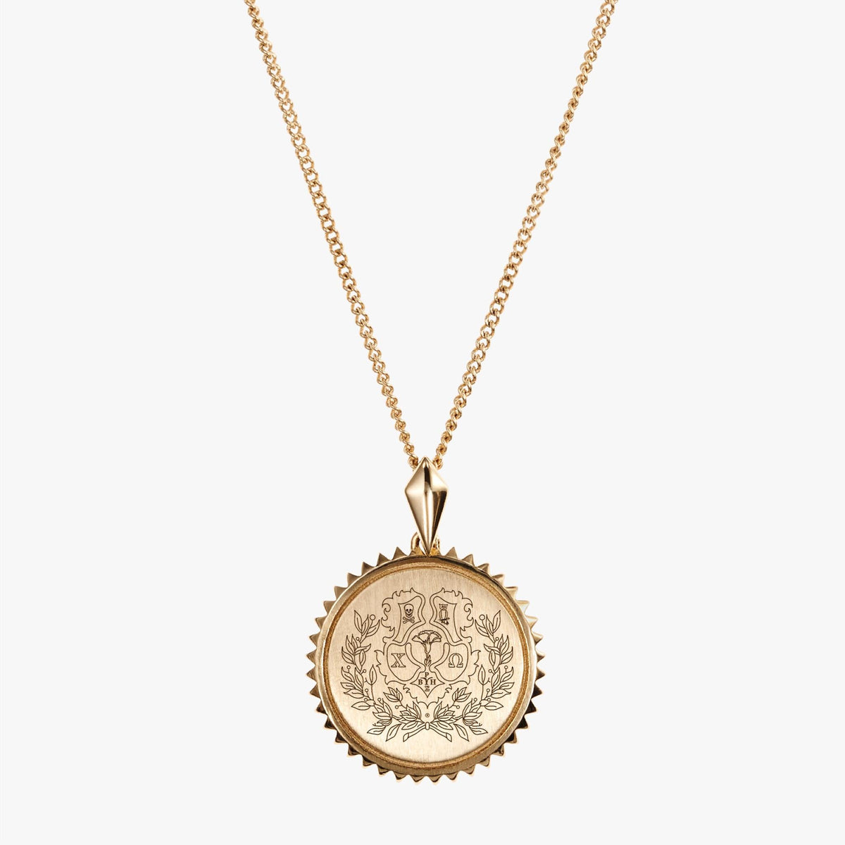 Gold Chi Omega Sunburst Crest Necklace