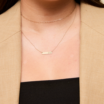 Zeta Tau Alpha Horizontal Bar Necklace shown on figure in gold