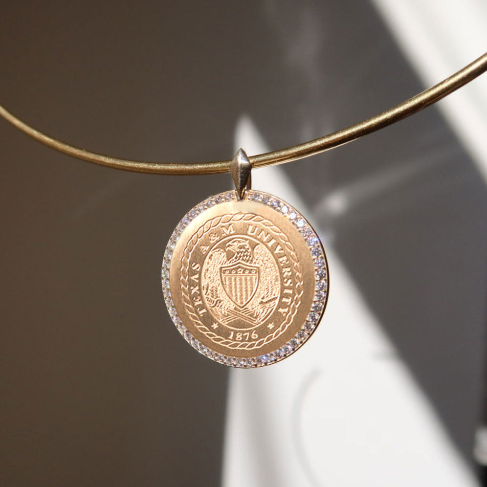 Texas A&M Diamond Florentine Pendant shown on Neck Collar in gold