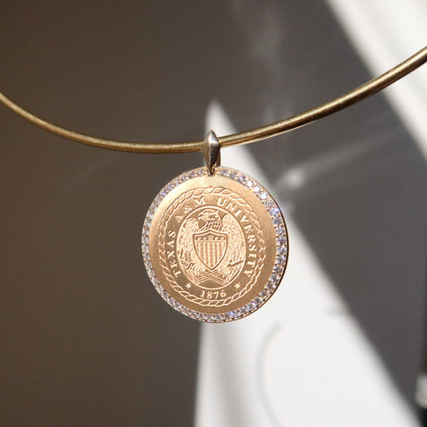 Texas A&M Diamond Florentine Pendant shown on Neck Collar in gold