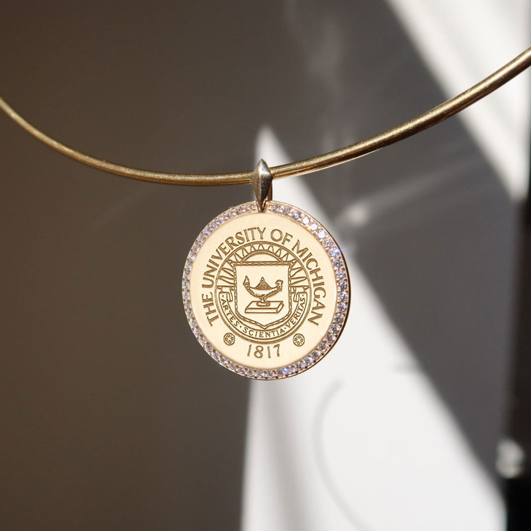 Michigan Diamond Florentine Pendant shown on figure in gold on Neck Collar