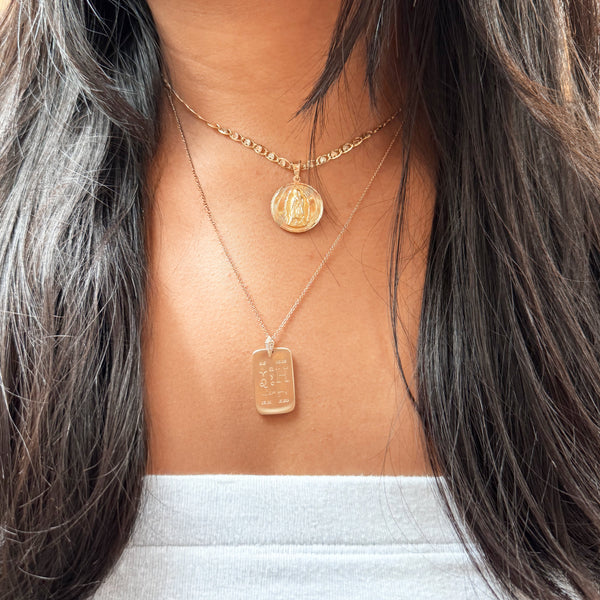 Custom Diamond Ingot Pendant shown on figure in 14K Gold on Cable Chain